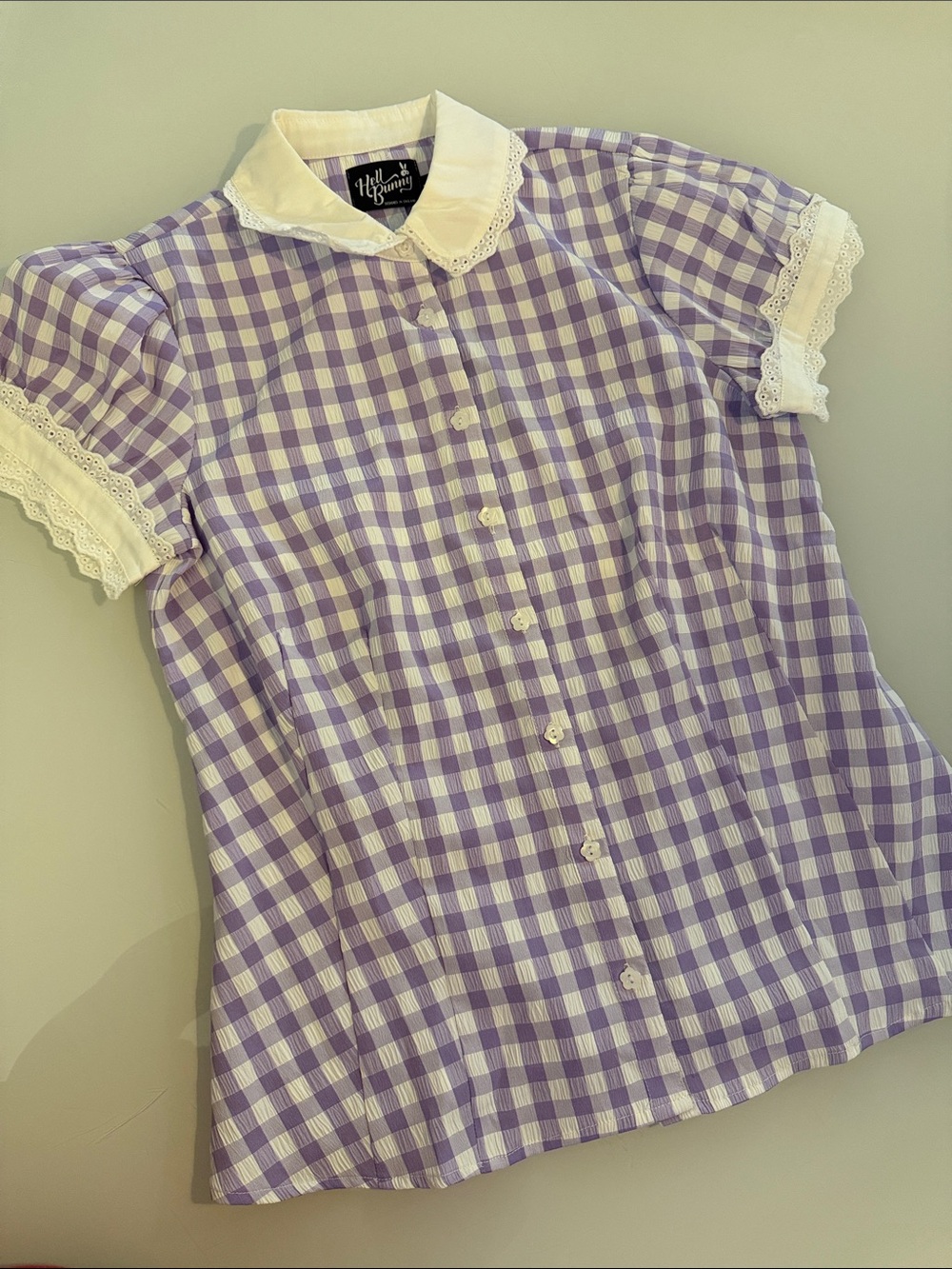 Hell Bunny Purple Gingham Lace-Trim Blouse - size L